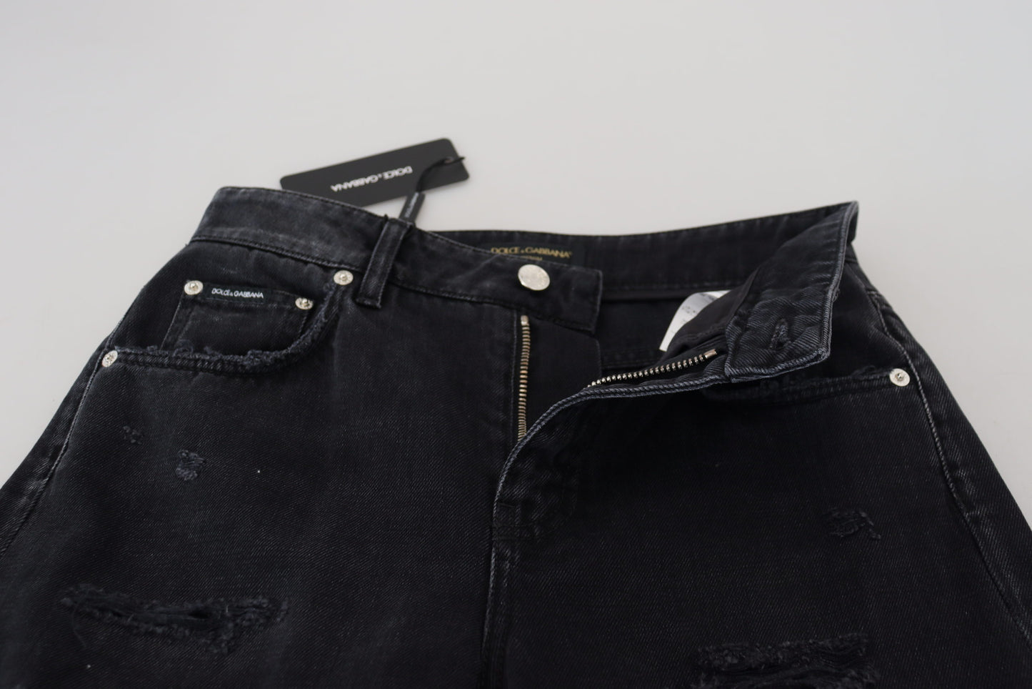 Dolce & Gabbana – Zerfetzte Jeans aus schwarzer Baumwolle mit hoher Taille