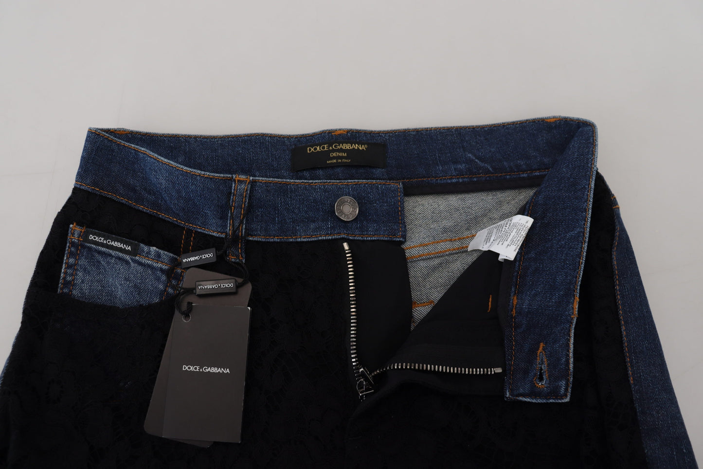 Dolce & Gabbana – Schwarze Skinny-Jeans mit Blumenmuster und Spitzenfront