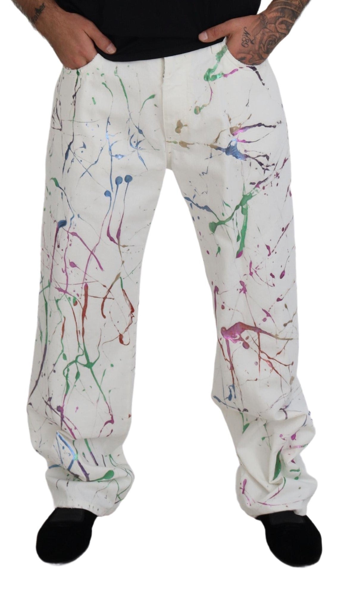 Dolce & Gabbana – Weiße Jeanshose aus Baumwolle mit Farbspritzer-Print