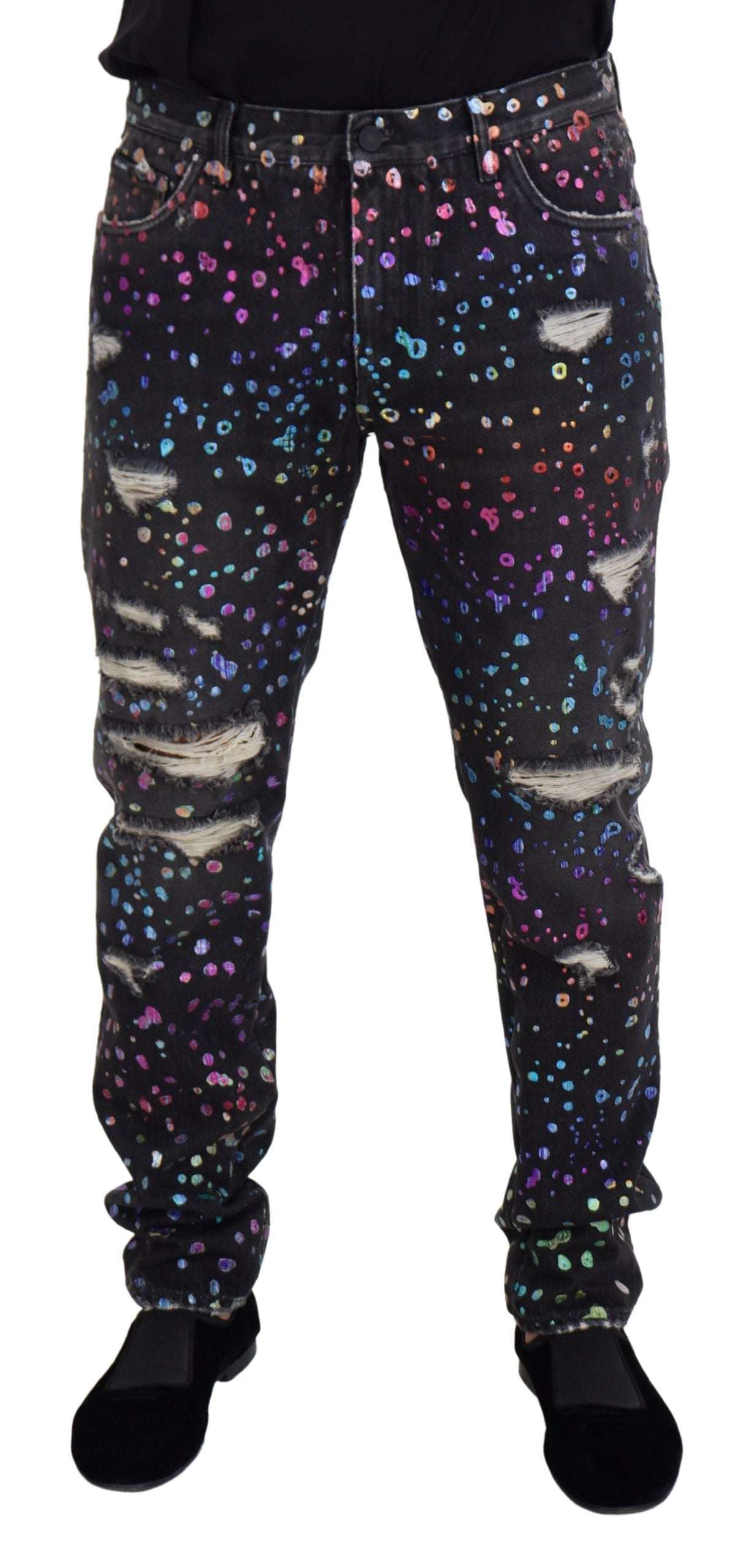 Dolce & Gabbana – Schwarze, zerfetzte Jeans aus Denim mit mehrfarbigem Print