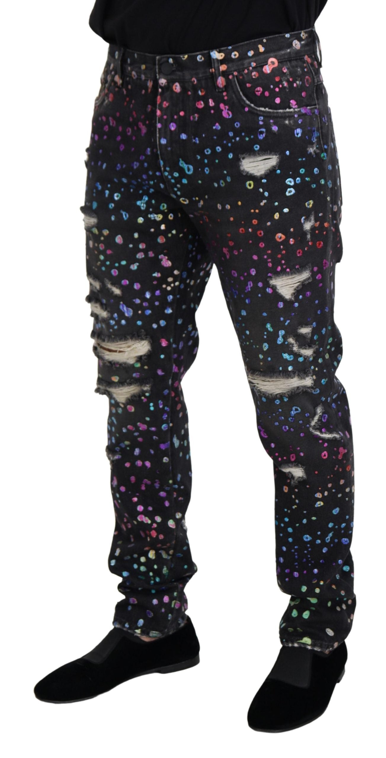 Dolce & Gabbana – Schwarze, zerfetzte Jeans aus Denim mit mehrfarbigem Print