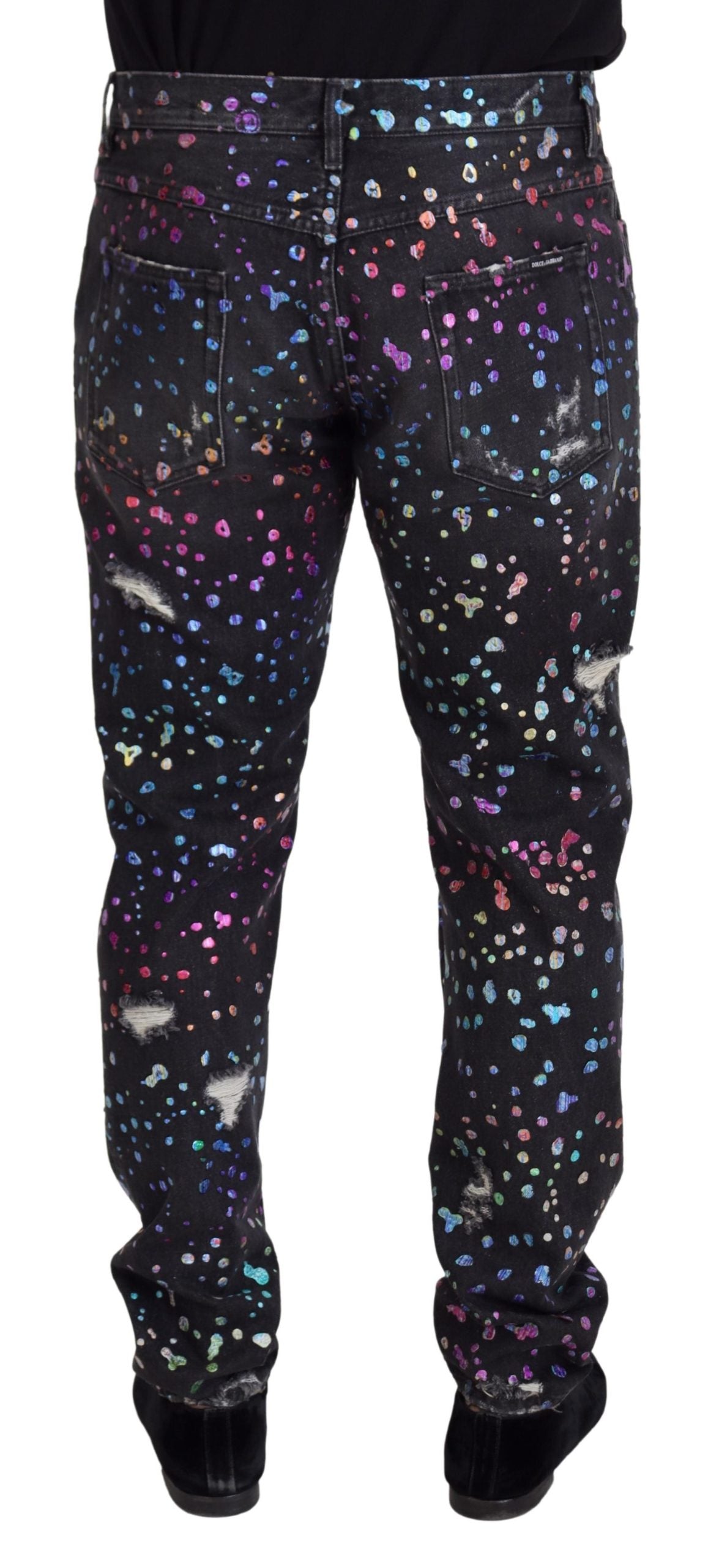 Dolce & Gabbana – Schwarze, zerfetzte Jeans aus Denim mit mehrfarbigem Print