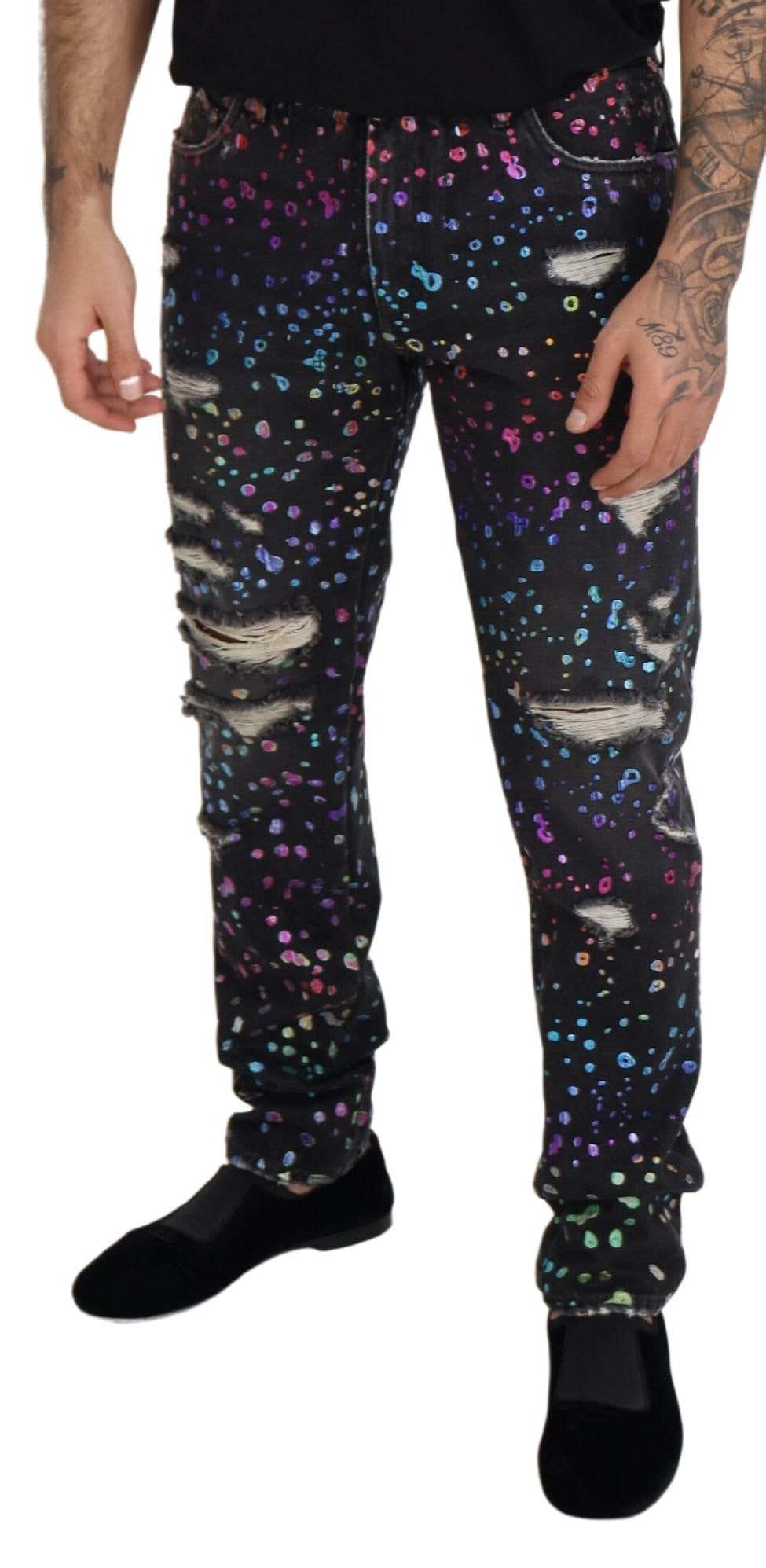 Dolce & Gabbana – Schwarze, zerfetzte Jeans aus Denim mit mehrfarbigem Print