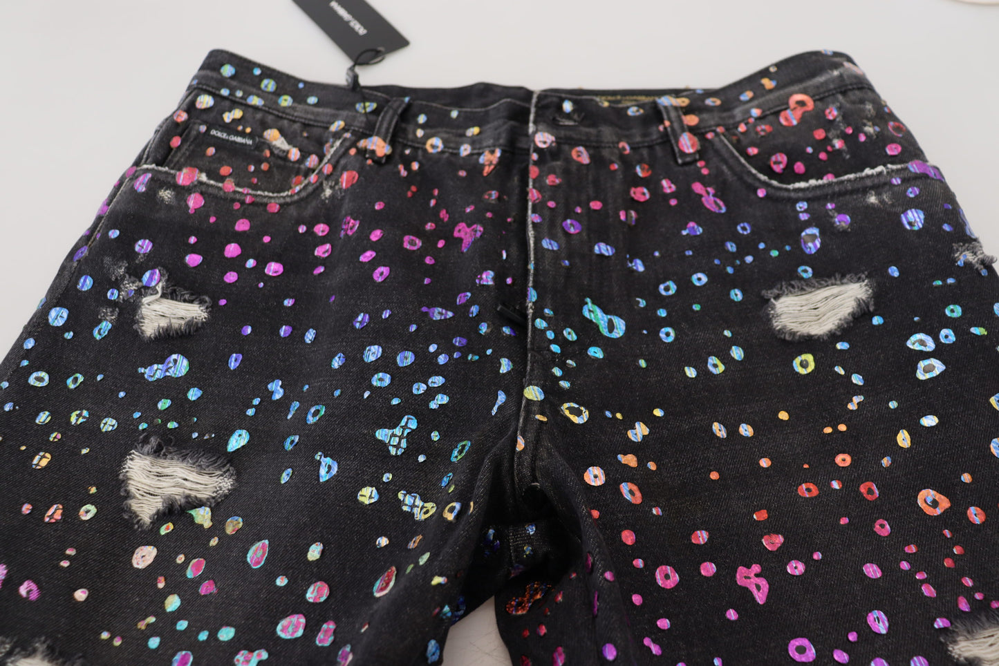 Dolce & Gabbana – Schwarze, zerfetzte Jeans aus Denim mit mehrfarbigem Print