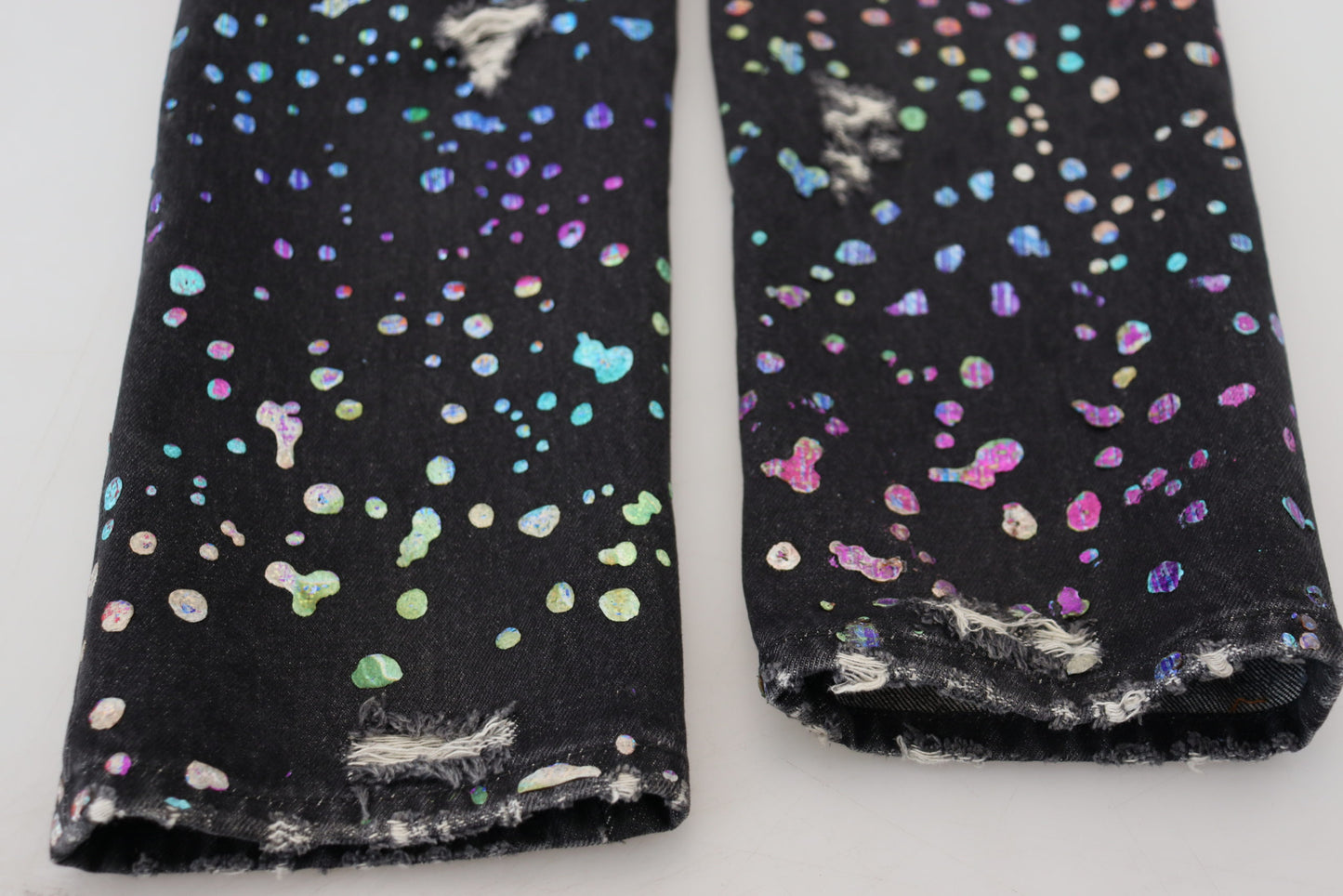 Dolce & Gabbana – Schwarze, zerfetzte Jeans aus Denim mit mehrfarbigem Print