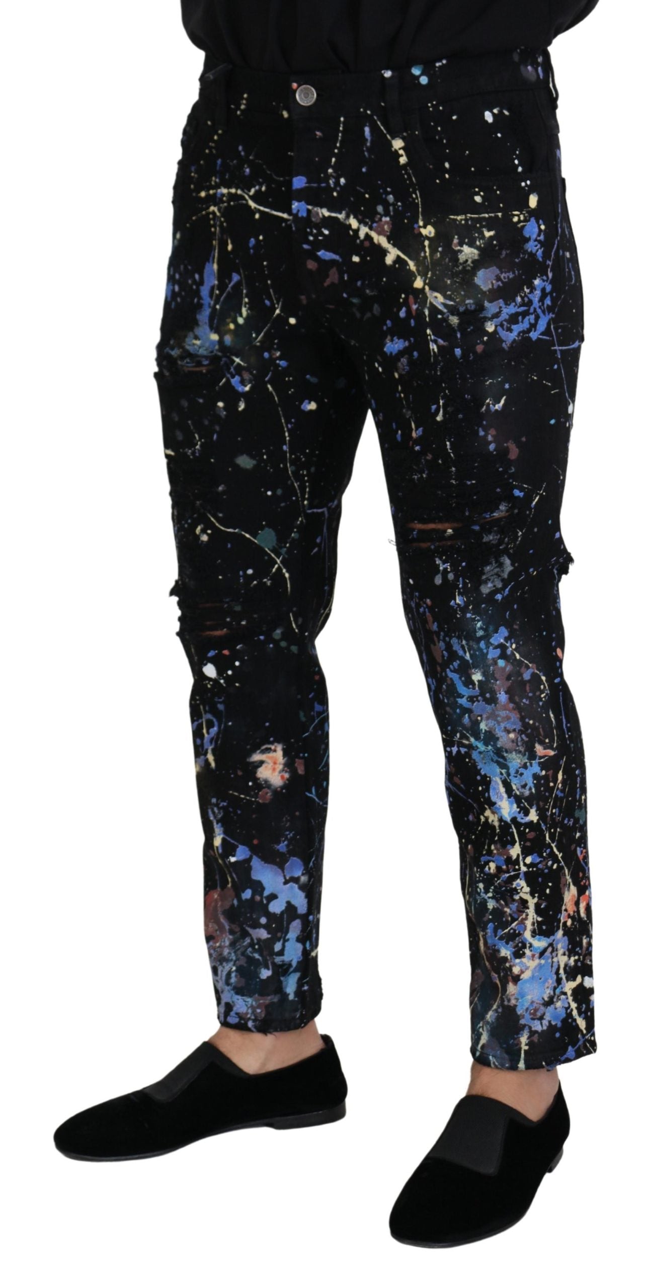 Dolce & Gabbana – Schwarze Jeans aus Baumwoll-Denim mit Farbspritzer-Print