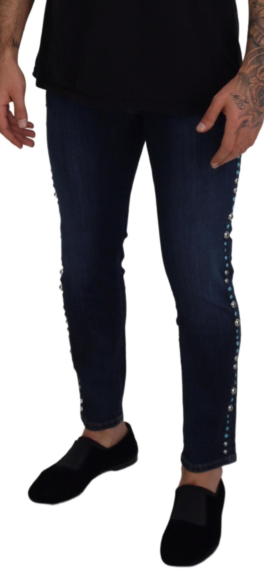Dolce & Gabbana – Blaue Jeans aus Baumwolle mit Nieten und niedriger Taille
