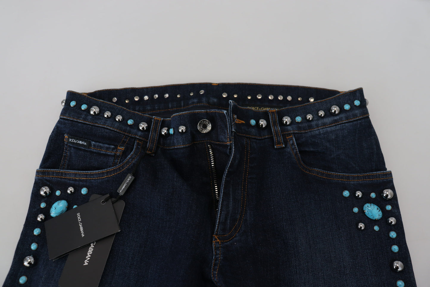 Dolce & Gabbana – Blaue Jeans aus Baumwolle mit Nieten und niedriger Taille