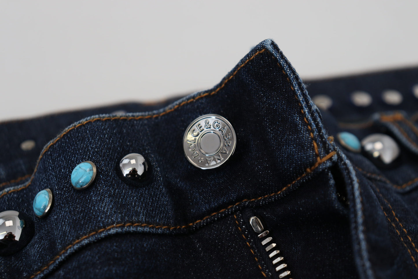 Dolce & Gabbana – Blaue Jeans aus Baumwolle mit Nieten und niedriger Taille