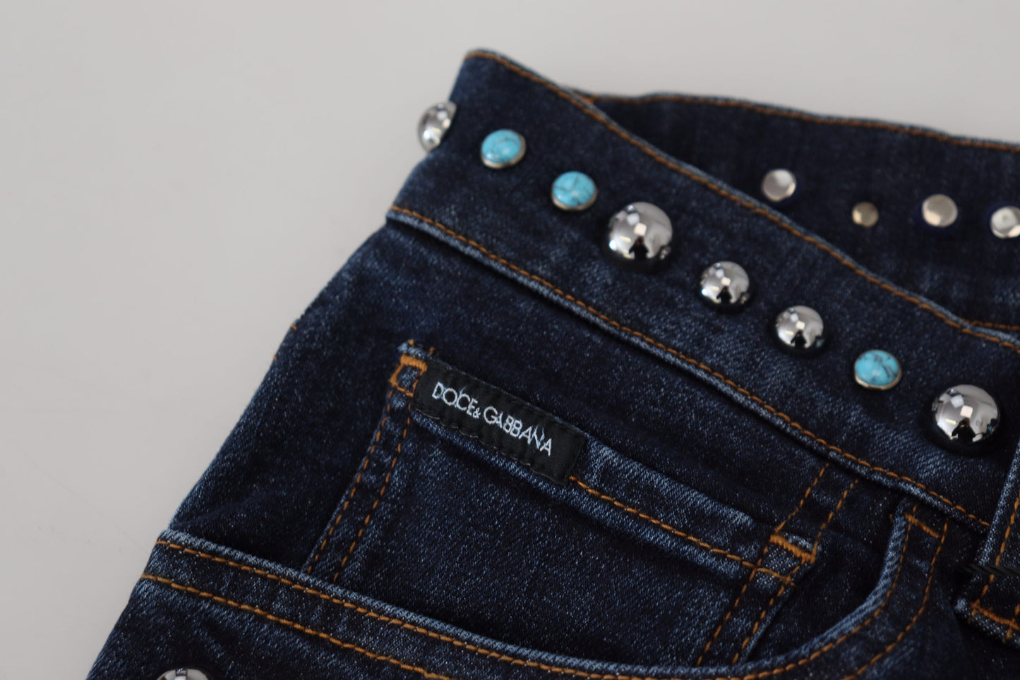 Dolce & Gabbana – Blaue Jeans aus Baumwolle mit Nieten und niedriger Taille