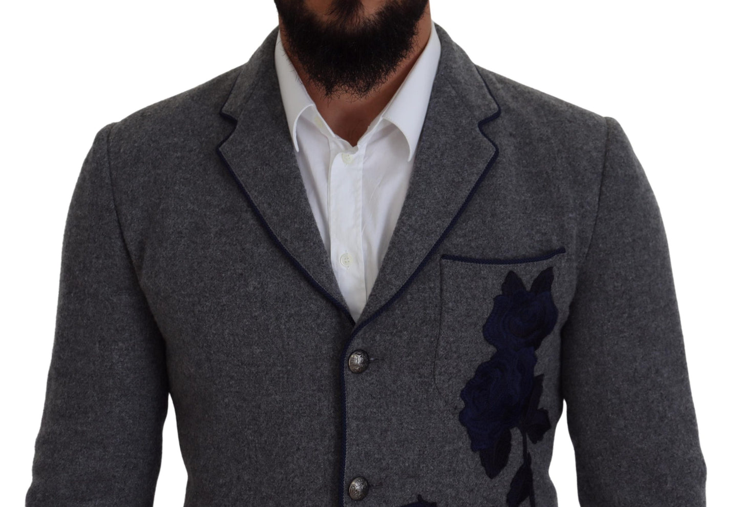 Dolce & Gabbana – Slim Fit-Jackenblazer aus grauer Wolle mit Rosen