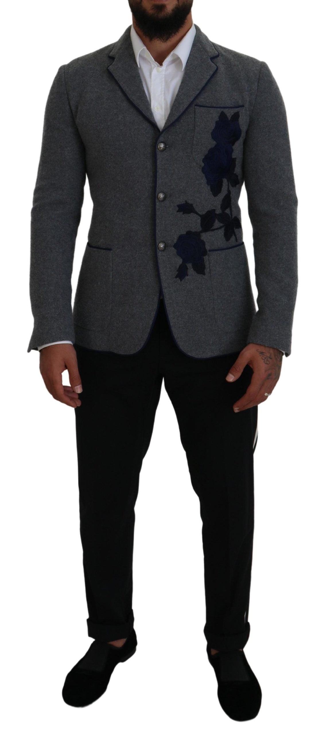 Dolce & Gabbana – Slim Fit-Jackenblazer aus grauer Wolle mit Rosen