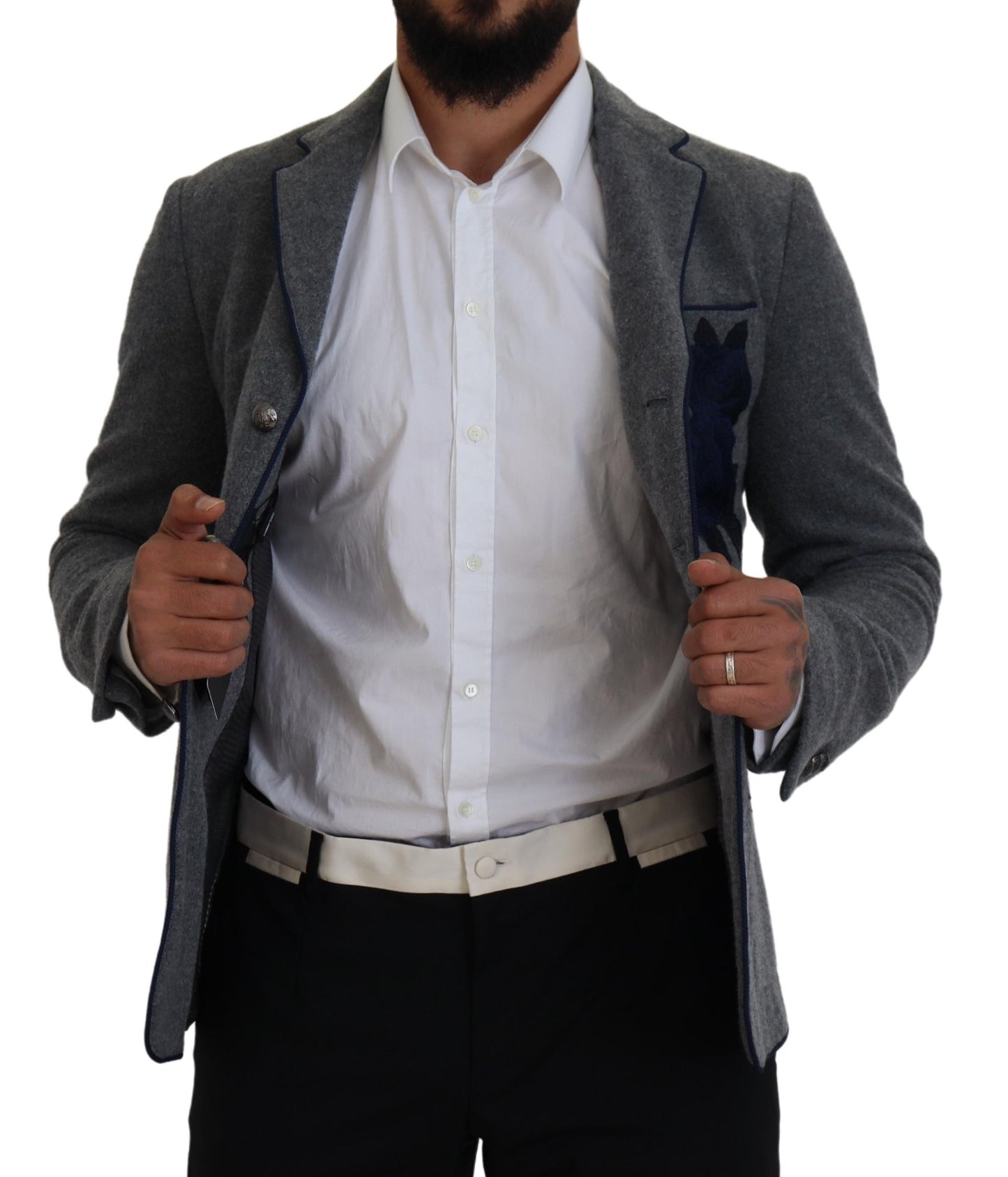 Dolce & Gabbana – Slim Fit-Jackenblazer aus grauer Wolle mit Rosen