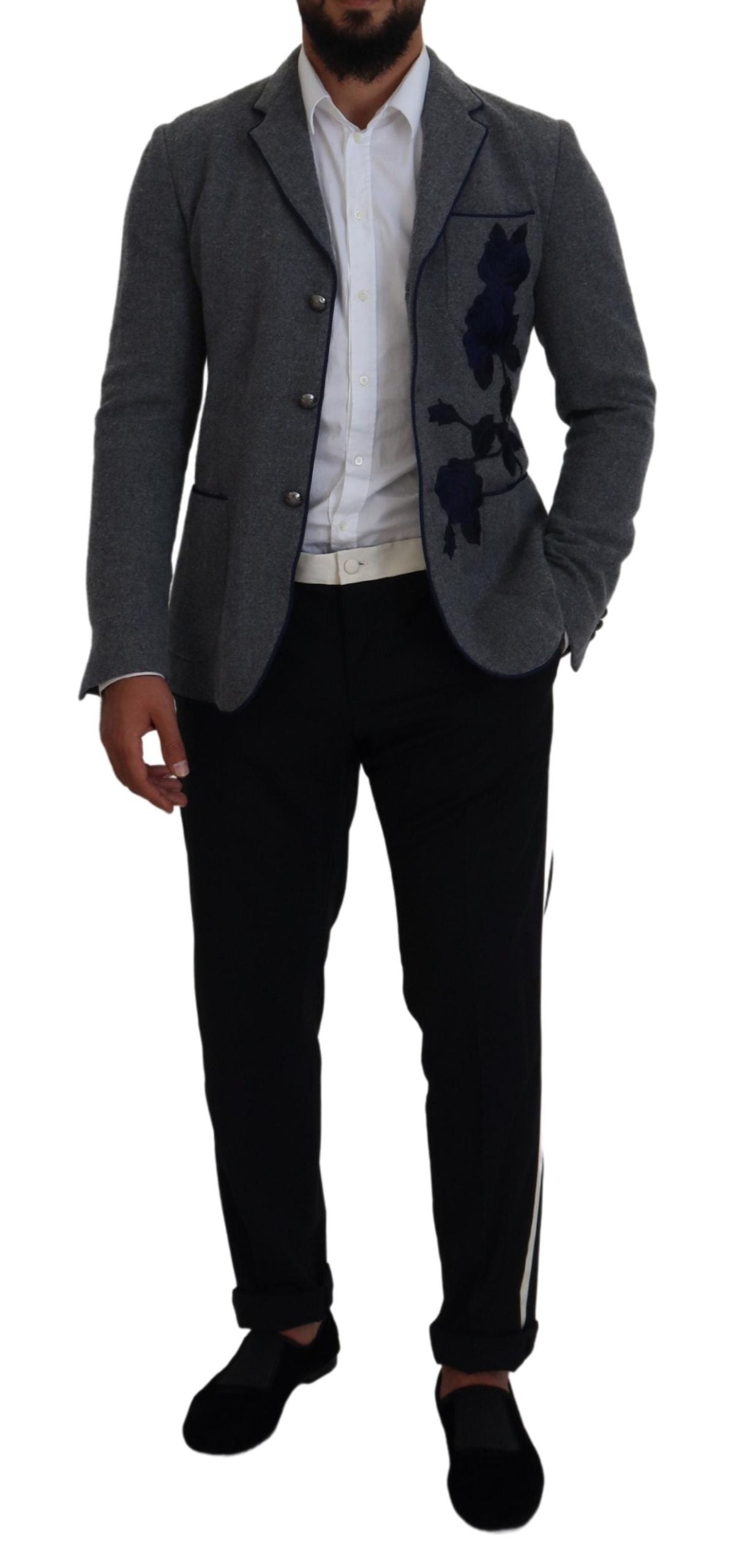 Dolce & Gabbana – Slim Fit-Jackenblazer aus grauer Wolle mit Rosen