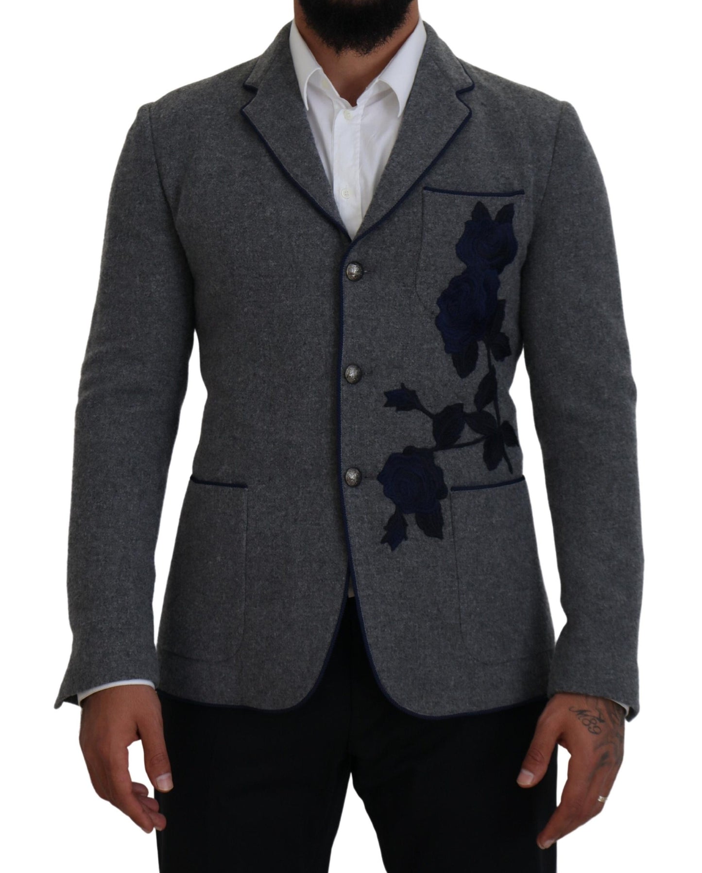 Dolce & Gabbana – Slim Fit-Jackenblazer aus grauer Wolle mit Rosen