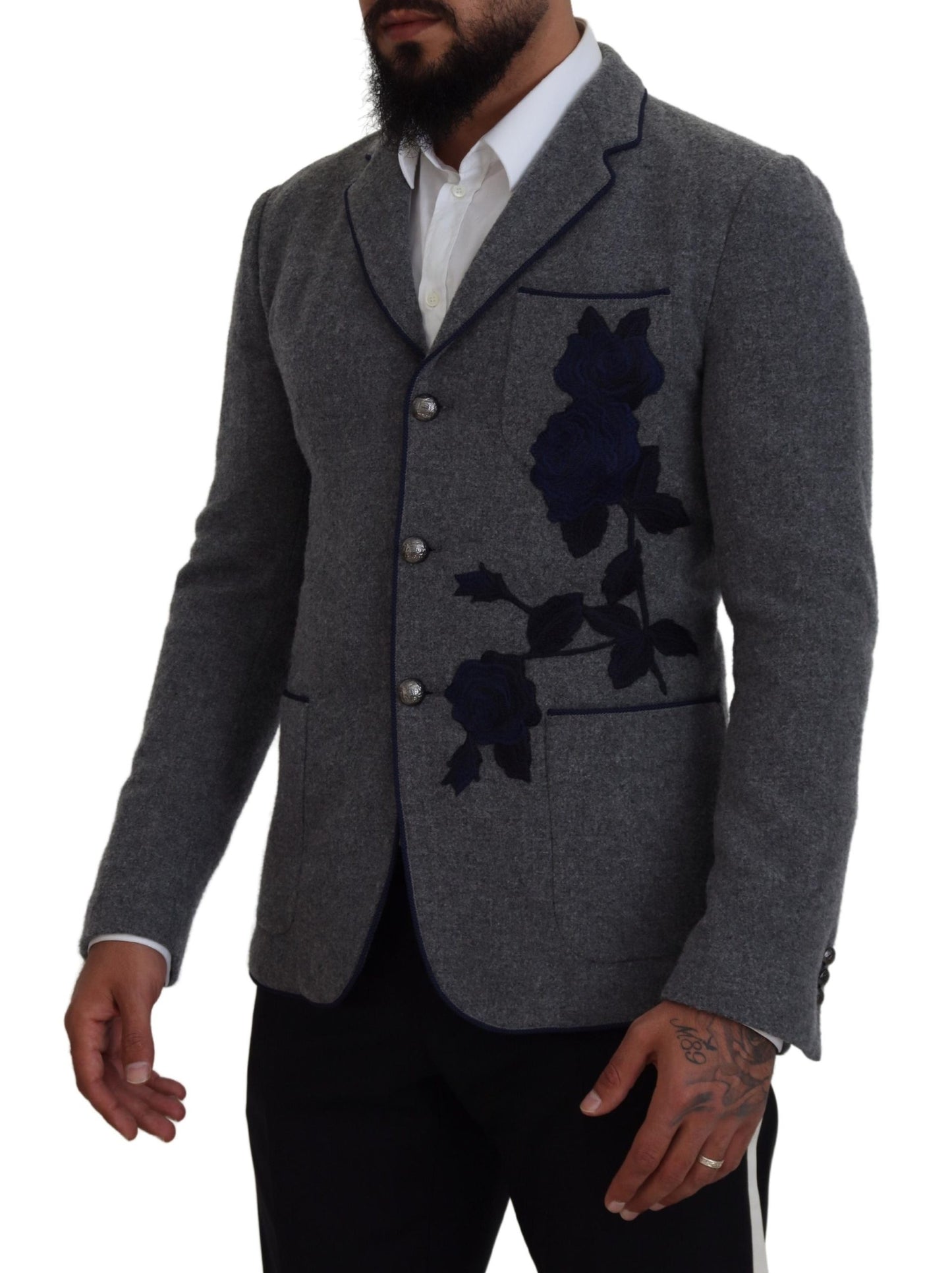 Dolce & Gabbana – Slim Fit-Jackenblazer aus grauer Wolle mit Rosen
