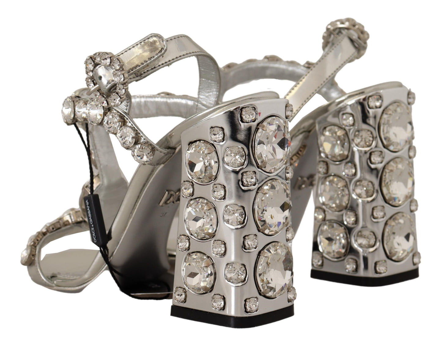 Dolce & Gabbana – High Heel-Sandalen mit Riemenschnalle und silbernen Kristallen