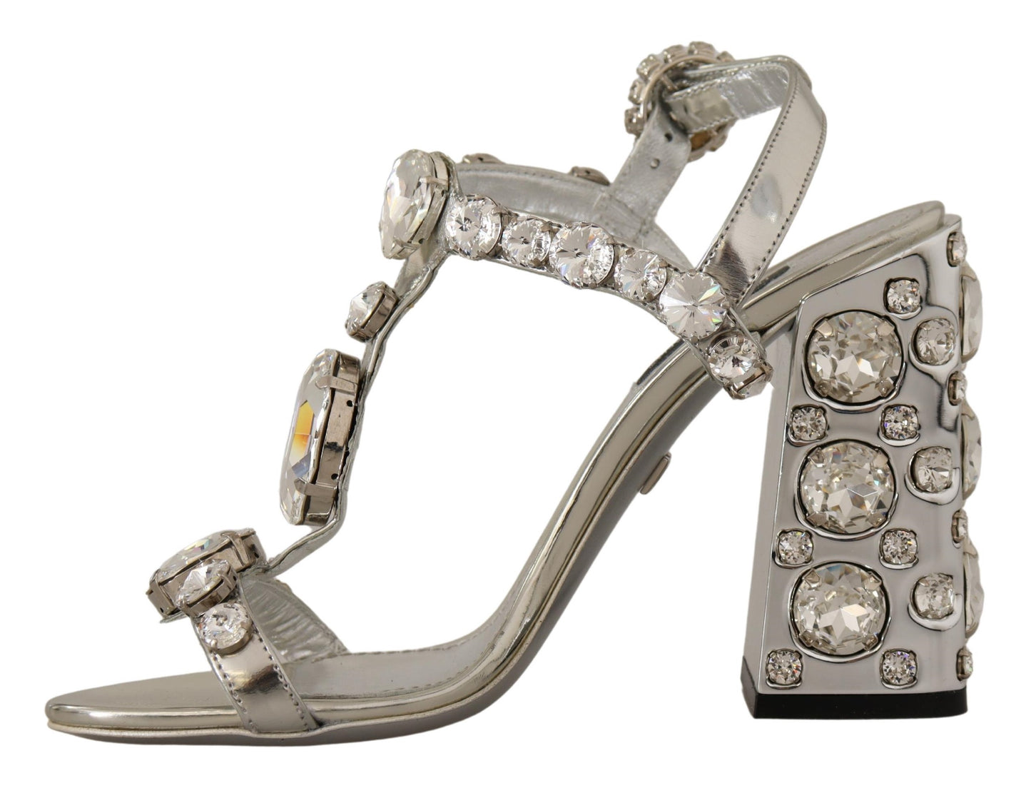 Dolce & Gabbana – High Heel-Sandalen mit Riemenschnalle und silbernen Kristallen