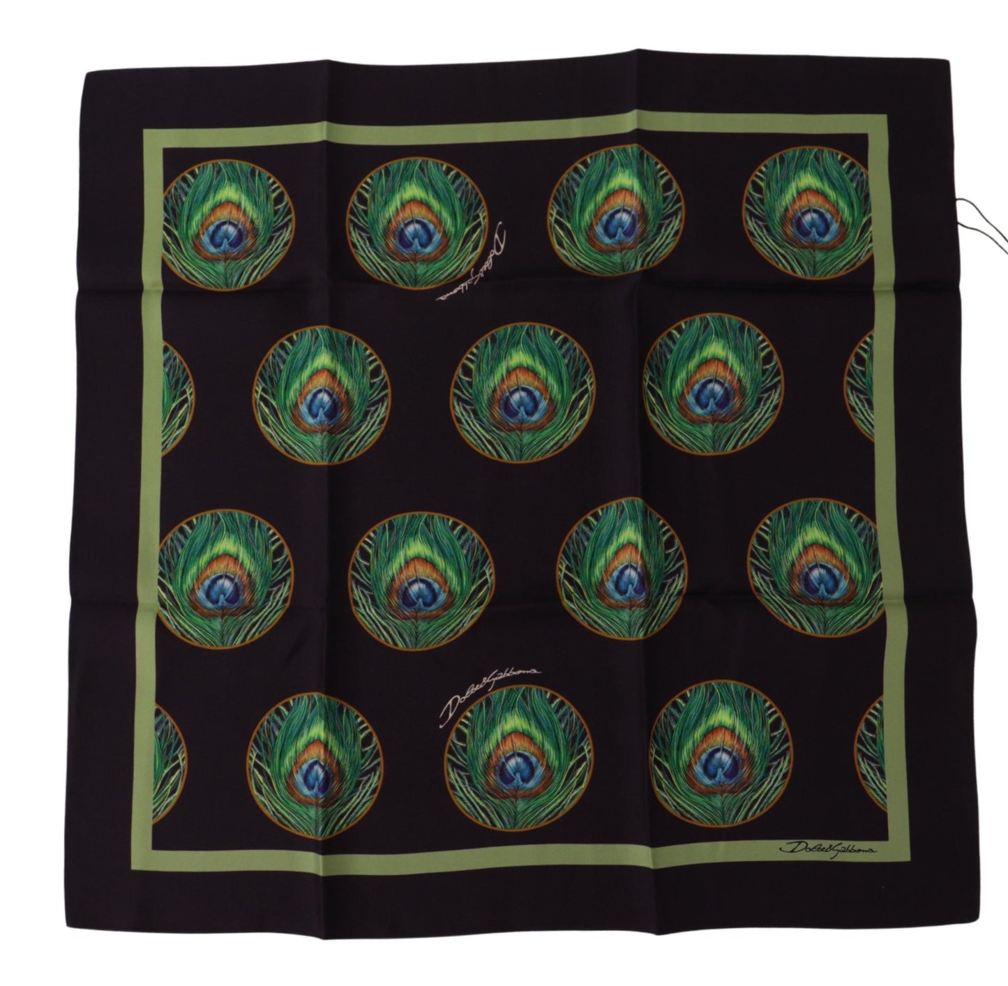 Dolce & Gabbana – Schwarzer, quadratischer Taschentuchschal mit Pfauenfeder-DG-Print
