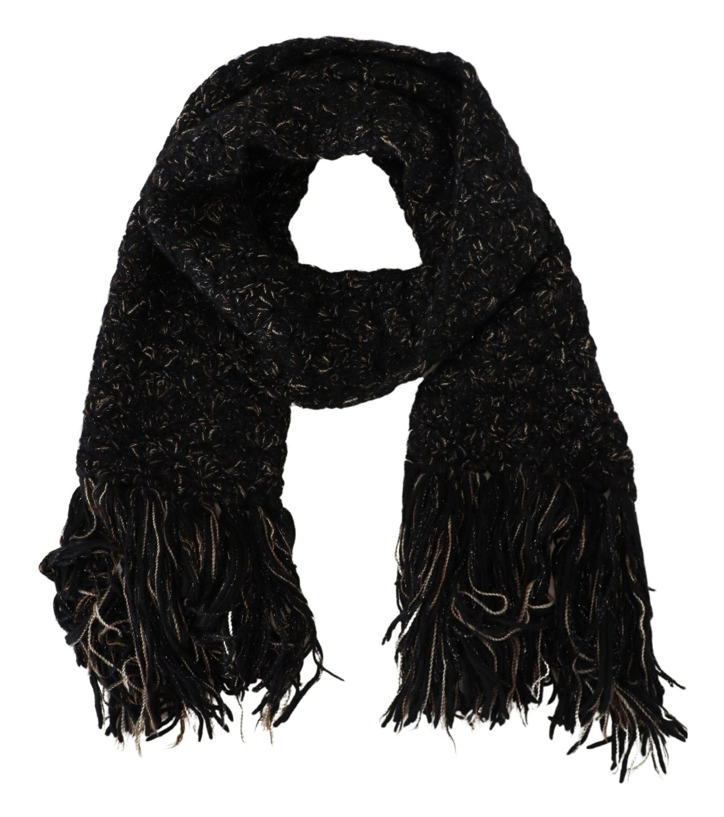 Dolce & Gabbana – Schwarzer, gestrickter Foulard-Wickelschal aus Wolle mit Fransen
