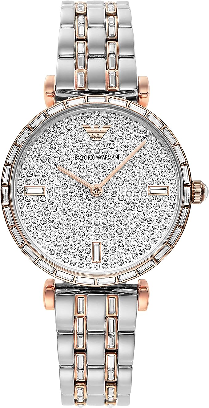 Emporio Armani – Elegante zweifarbige Armbanduhr mit Kristallpavé