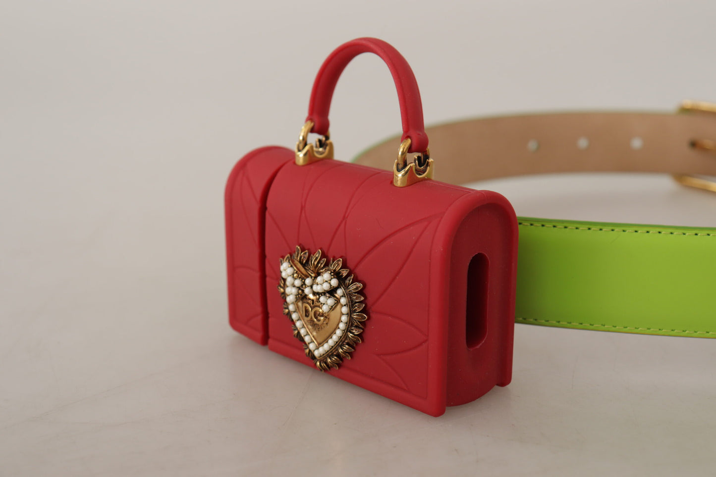 Dolce & Gabbana – Devotion – Mikrotasche aus grünem Leder mit Herzmotiv und Kopfhörergürtel