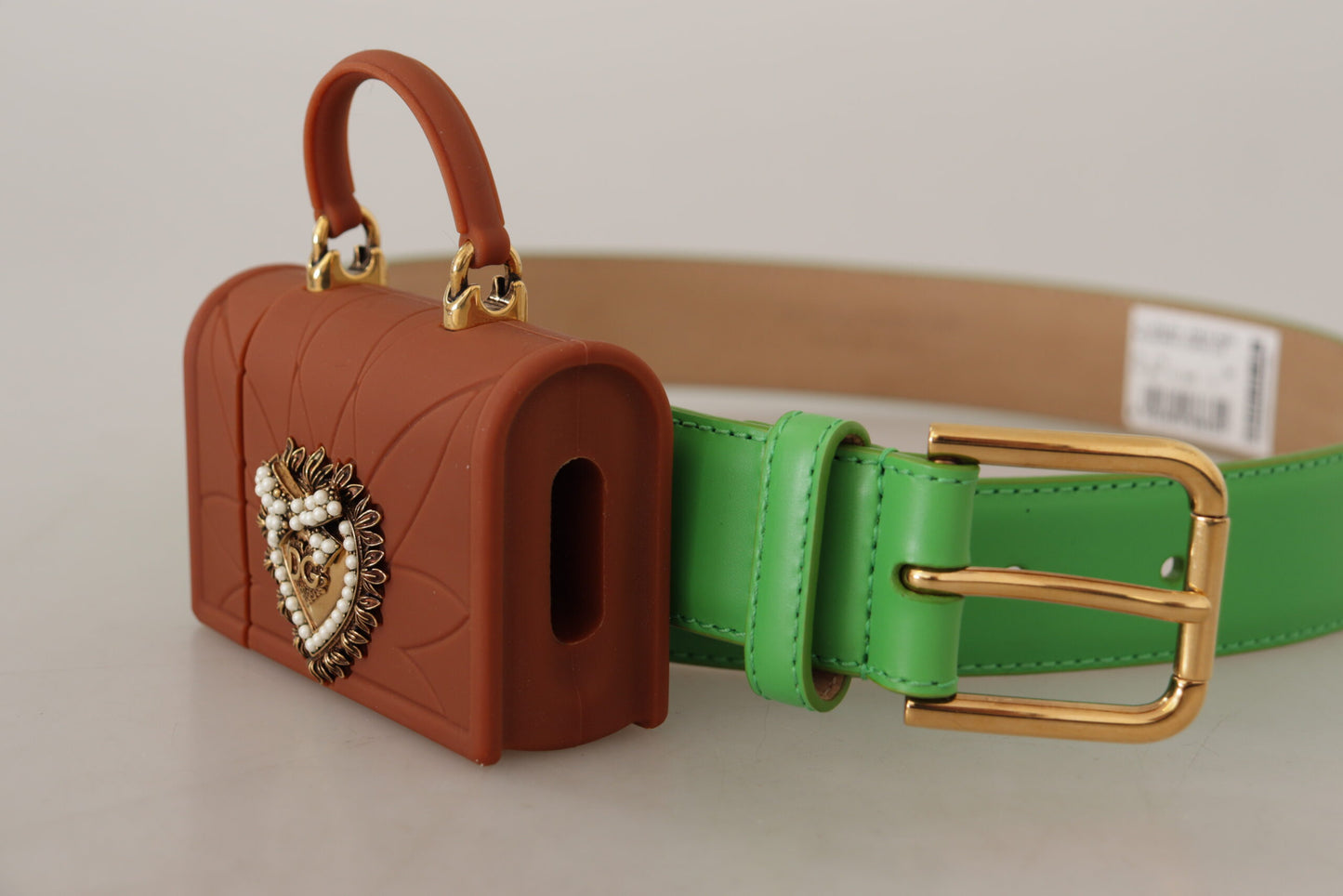 Dolce & Gabbana – Devotion – Mikrotasche aus grünem Leder mit Herzmotiv und Kopfhörergürtel