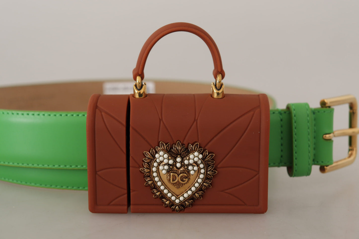 Dolce & Gabbana – Devotion – Mikrotasche aus grünem Leder mit Herzmotiv und Kopfhörergürtel