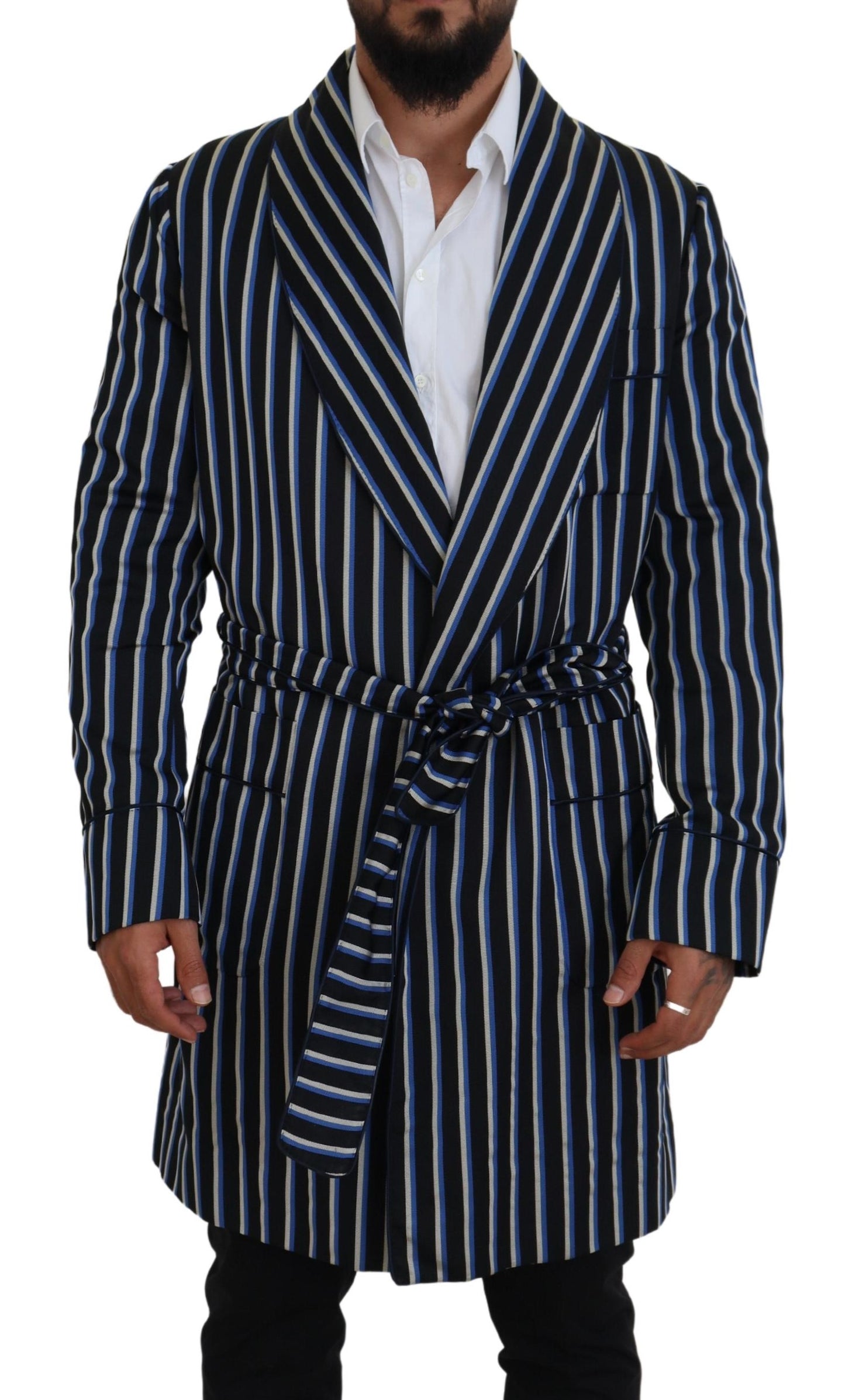 Dolce & Gabbana – Schwarz-blauer Morgenmantel mit Martini-Futter und Print