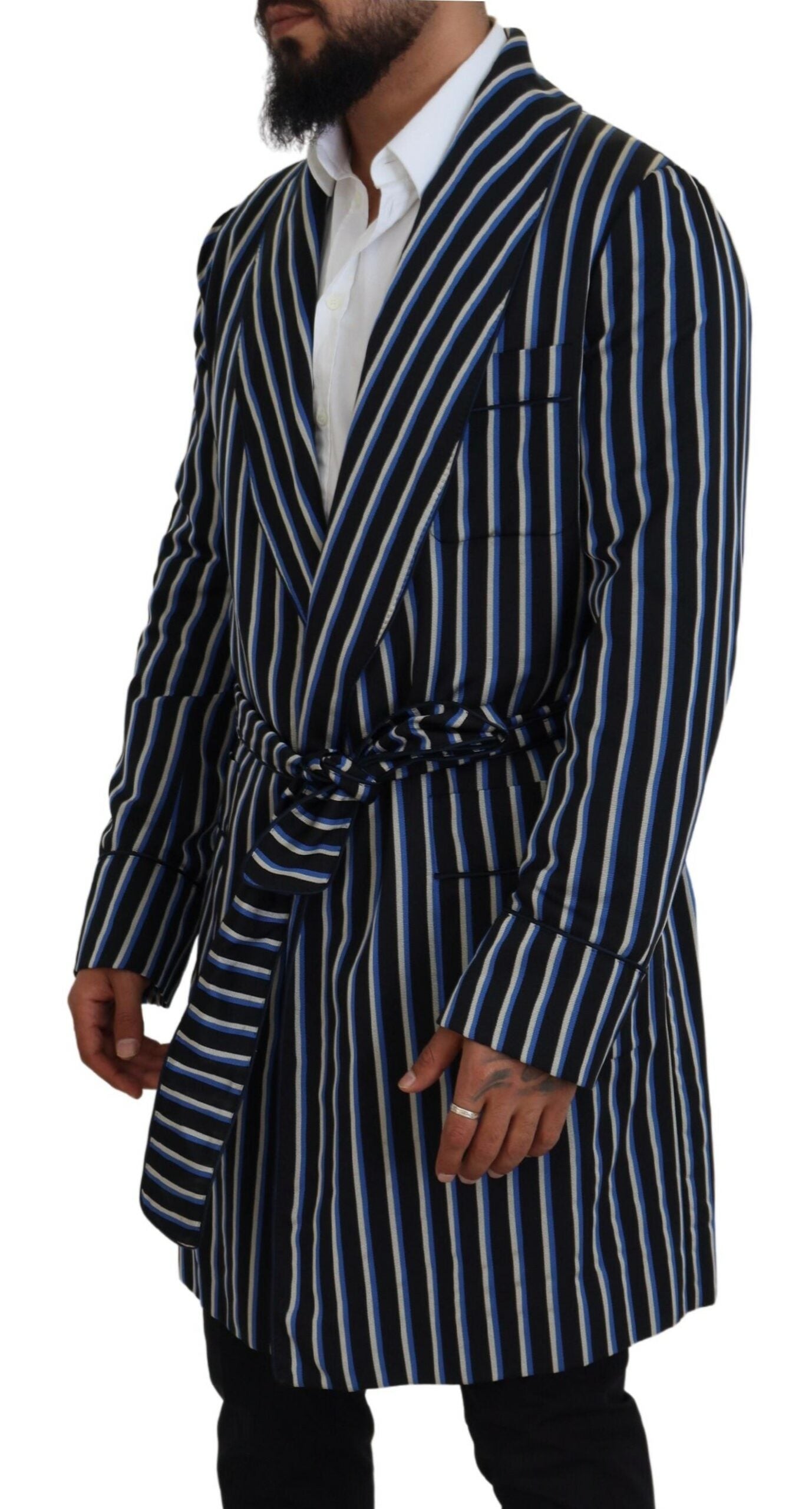 Dolce & Gabbana – Schwarz-blauer Morgenmantel mit Martini-Futter und Print