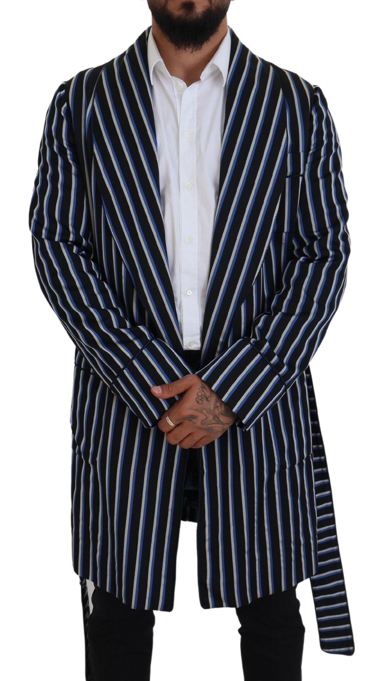 Dolce & Gabbana – Schwarz-blauer Morgenmantel mit Martini-Futter und Print