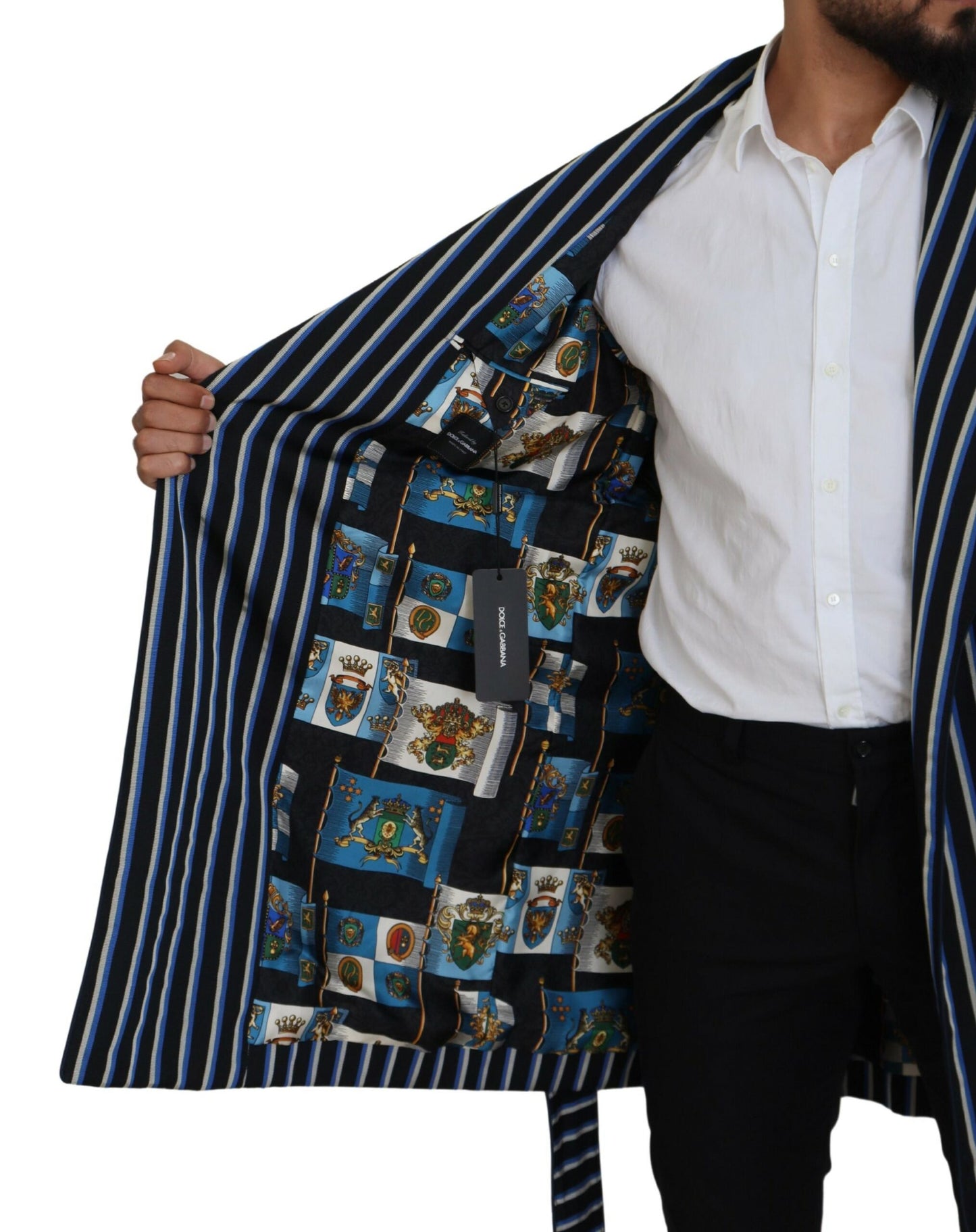 Dolce & Gabbana – Schwarz-blauer Morgenmantel mit Martini-Futter und Print
