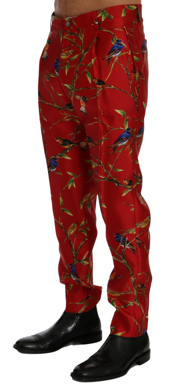 Dolce & Gabbana – Rote Anzughose aus Seide mit Vogelprint