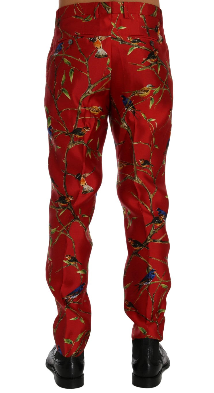 Dolce & Gabbana – Rote Anzughose aus Seide mit Vogelprint