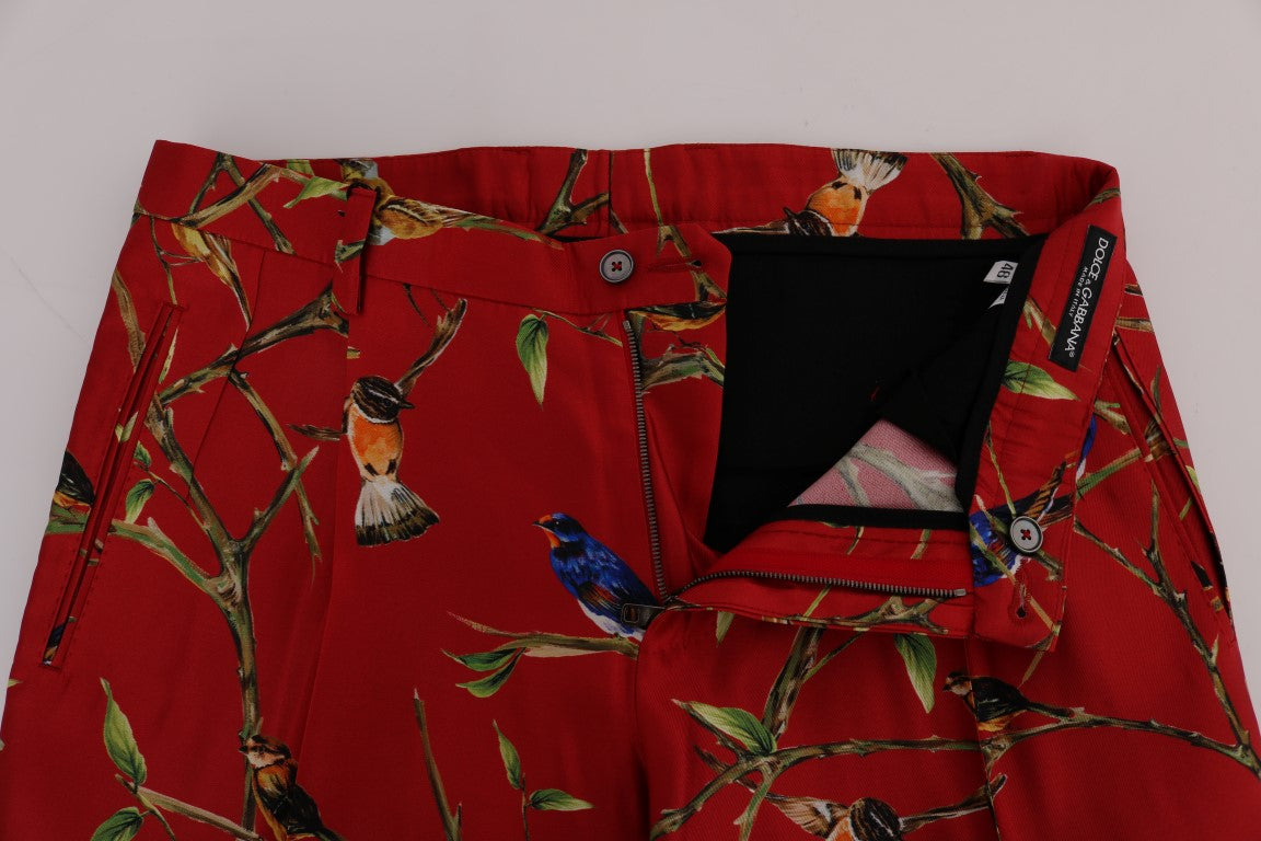 Dolce & Gabbana – Rote Anzughose aus Seide mit Vogelprint