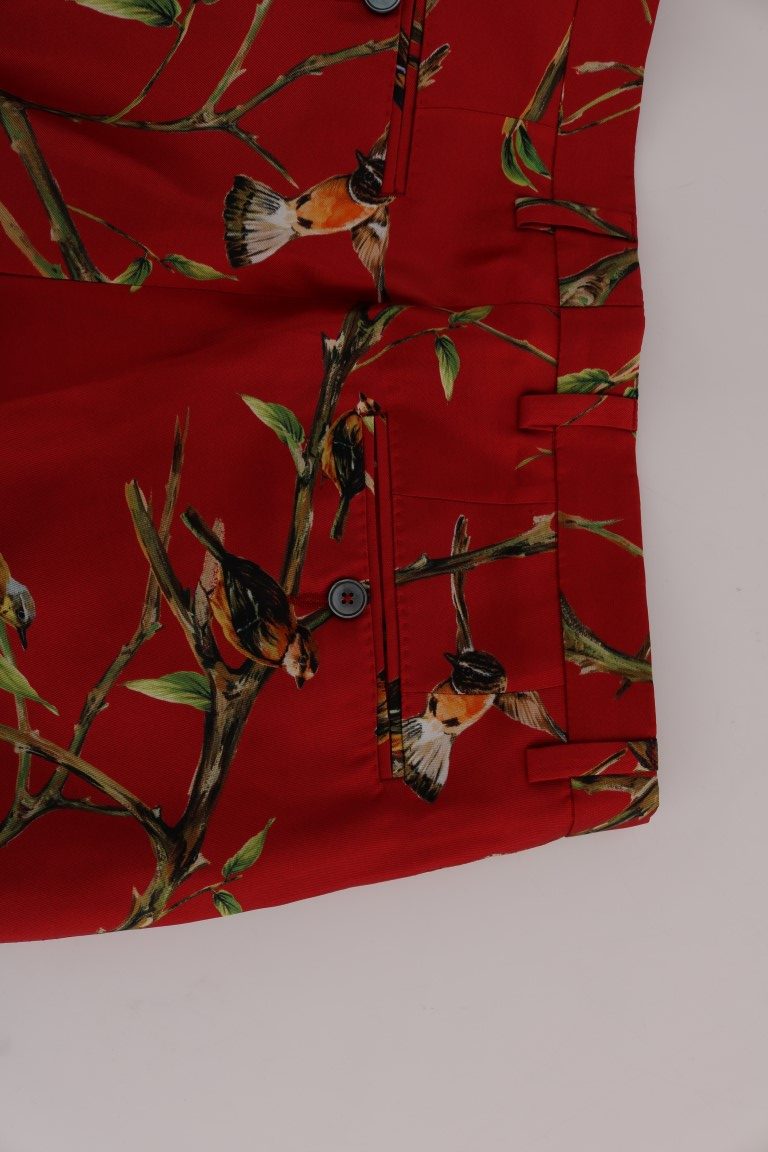 Dolce & Gabbana – Rote Anzughose aus Seide mit Vogelprint
