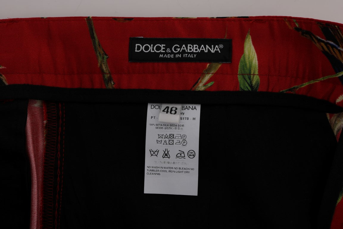 Dolce & Gabbana – Rote Anzughose aus Seide mit Vogelprint