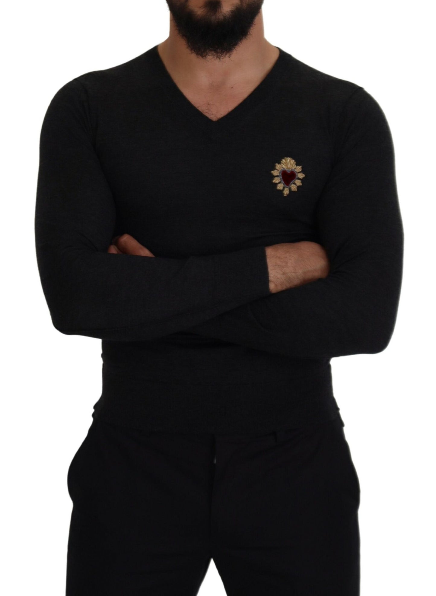 Dolce & Gabbana Grauer Kaschmirpullover mit V-Ausschnitt und goldenem Herz