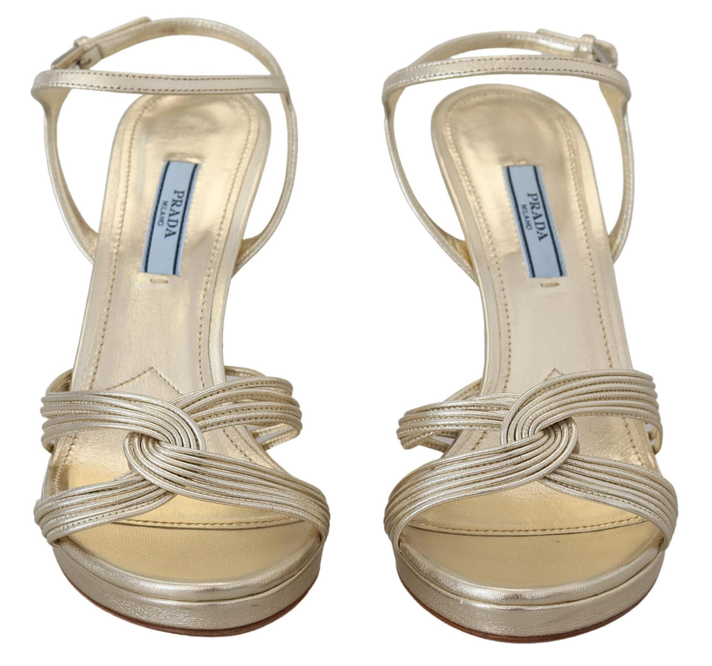 Prada Gold Leder Sandalen Knöchelriemen Heels Stiletto Sandale