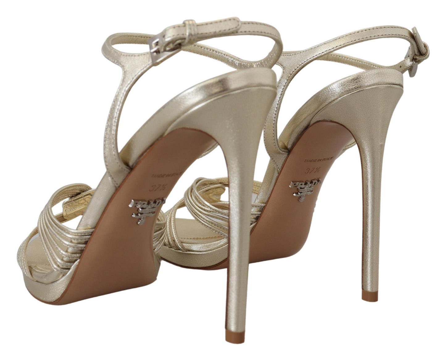 Prada Gold Leder Sandalen Knöchelriemen Heels Stiletto Sandale