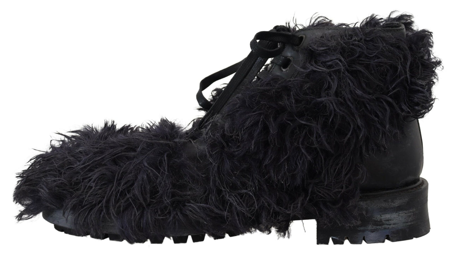Dolce & Gabbana – Schwarze Kampfstiefel aus Leder mit Lammfell