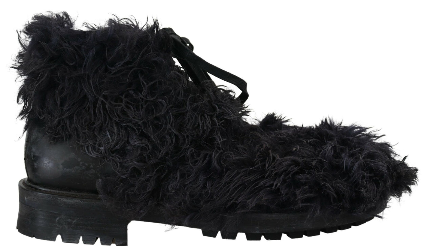 Dolce & Gabbana – Schwarze Kampfstiefel aus Leder mit Lammfell