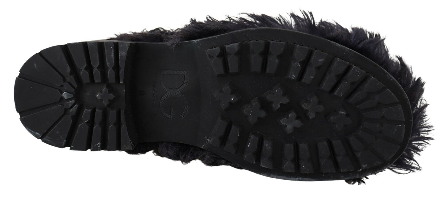 Dolce & Gabbana – Schwarze Kampfstiefel aus Leder mit Lammfell