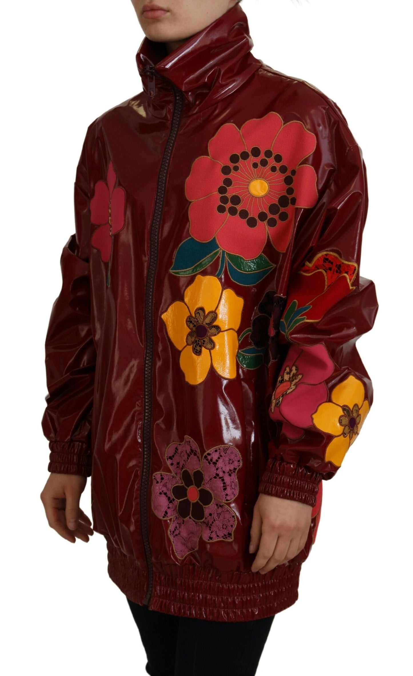 Dolce & Gabbana Kastanienbraune Polyesterjacke mit durchgehendem Reißverschluss und Blumenmuster für Damen