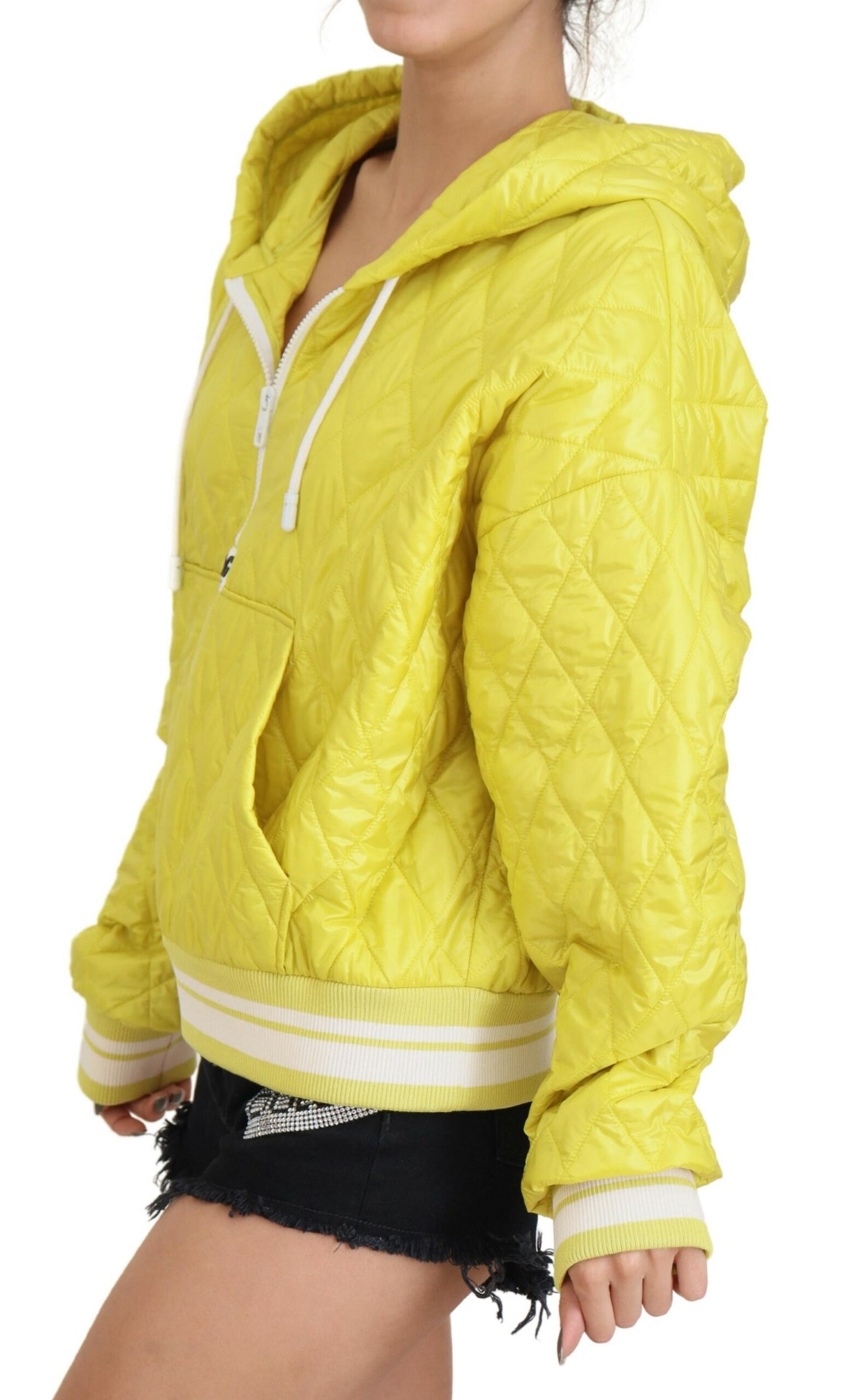 Dolce & Gabbana – Gelbe, gesteppte Pulloverjacke aus Nylon mit Kapuze
