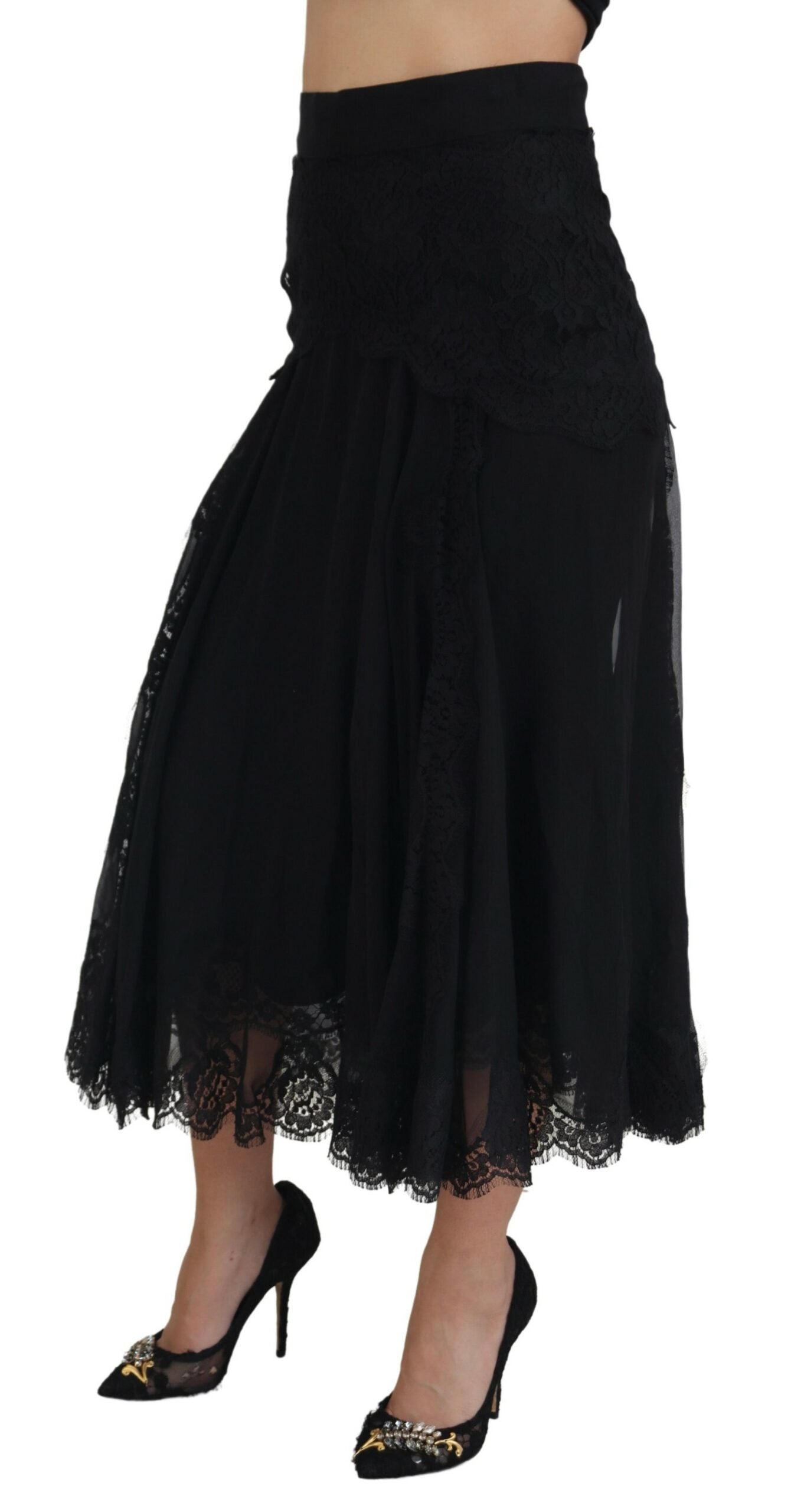 Dolce & Gabbana – Schwarzer Midirock mit hoher Taille und Spitzenbesatz aus Seide