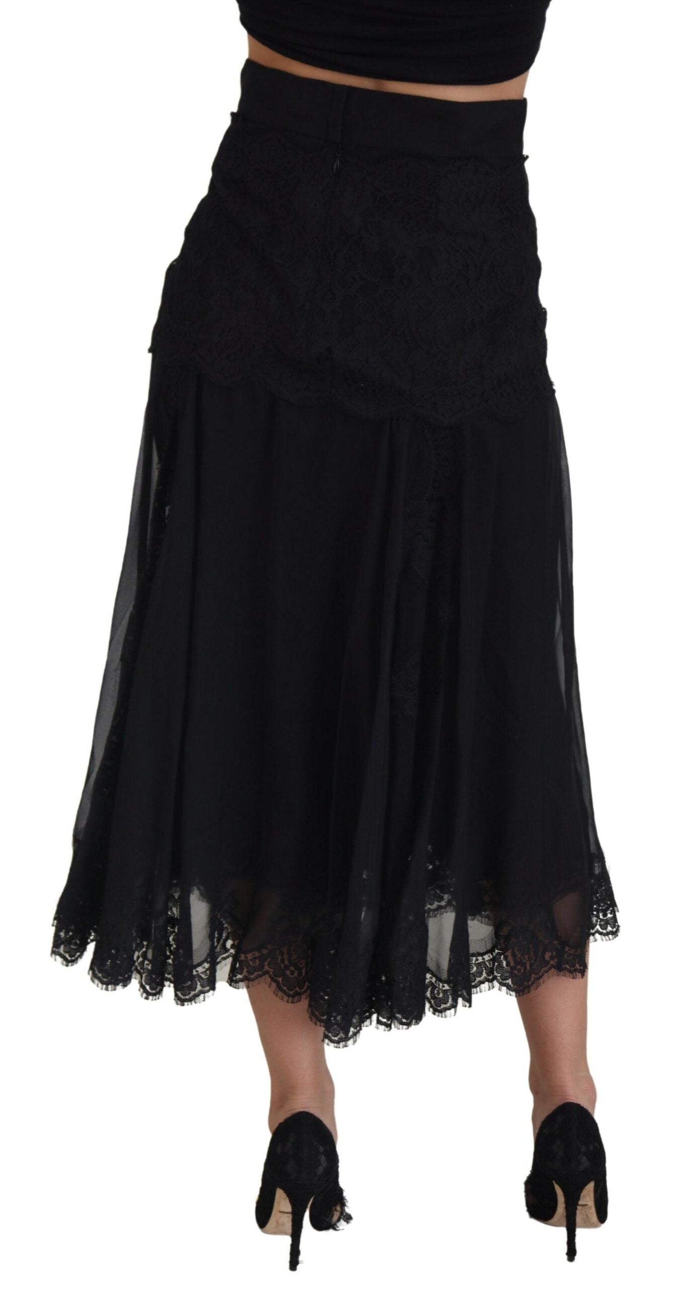 Dolce & Gabbana – Schwarzer Midirock mit hoher Taille und Spitzenbesatz aus Seide