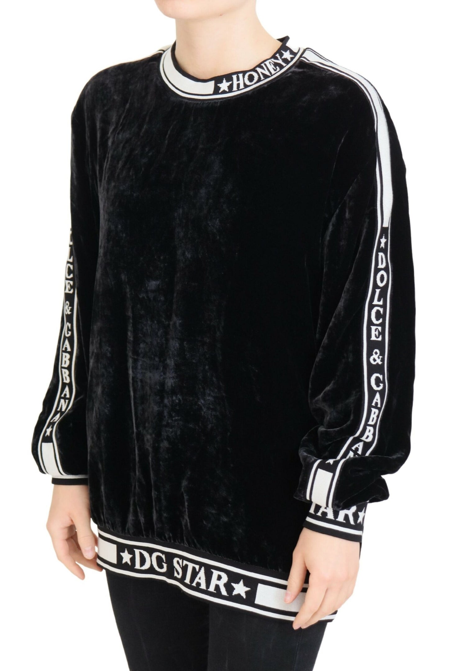 Dolce & Gabbana – Schwarzer Pullover mit Rundhalsausschnitt aus Samt