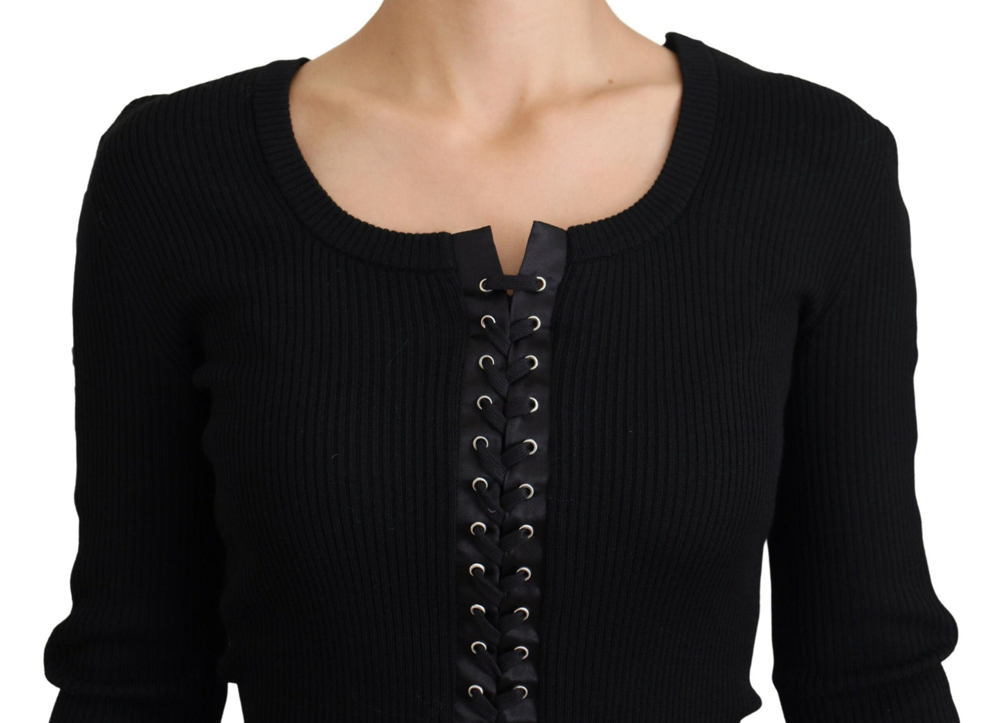 Dolce & Gabbana – Schwarzer, schmal geschnittener Strickpullover aus Wolle zum Binden