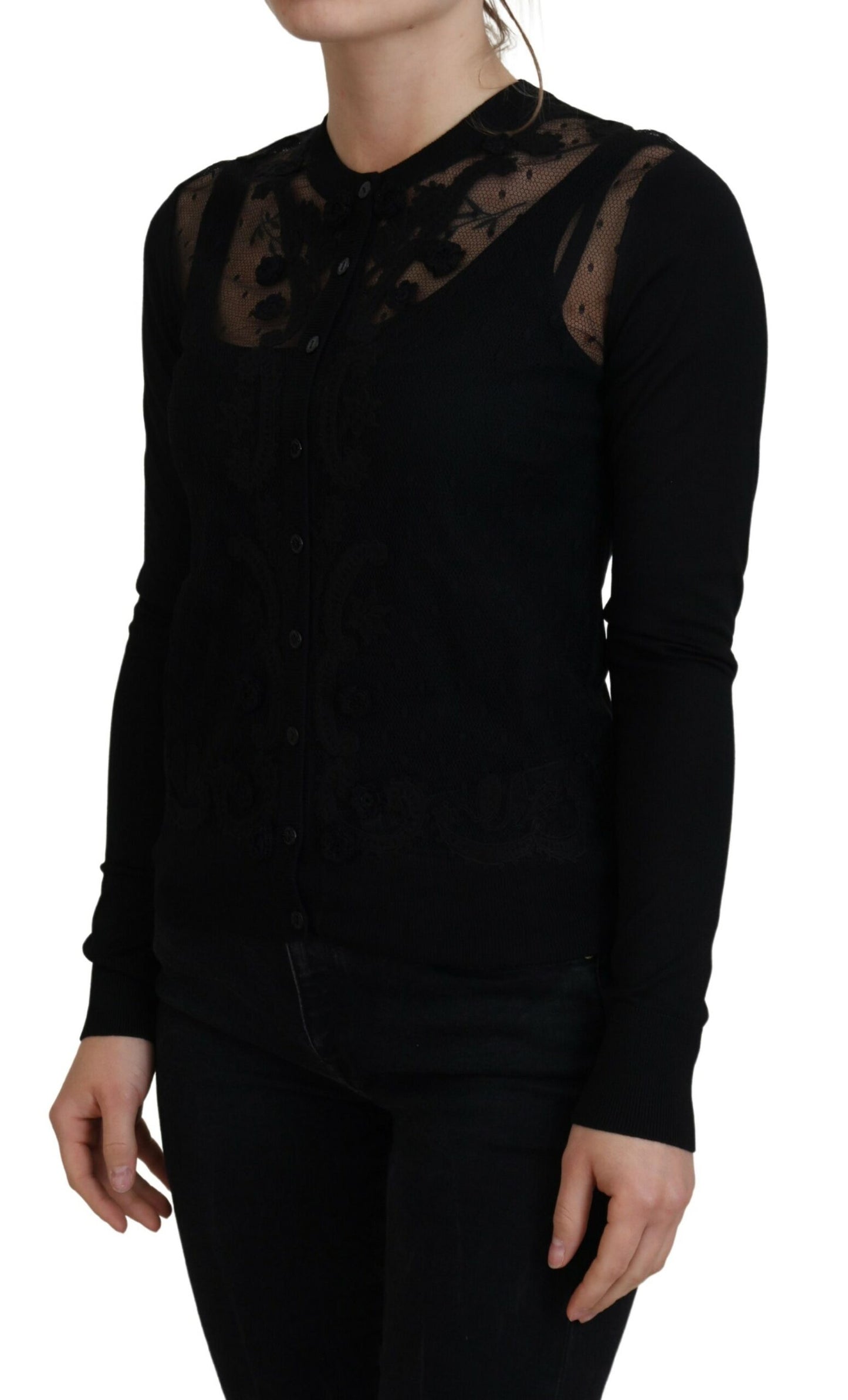 Dolce & Gabbana – Schwarzer Cardigan mit Blumenspitze und Knöpfen